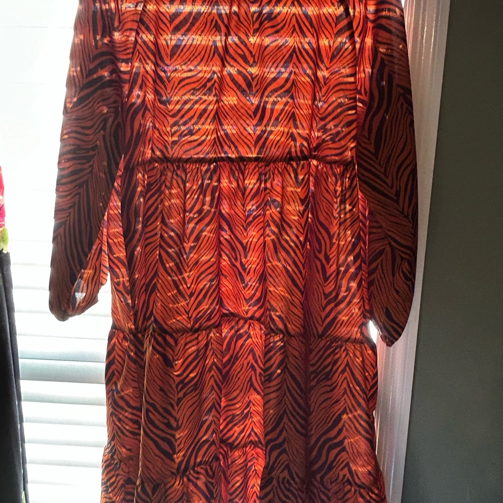 SHEIN Orange/Navy Bishop Sleeve Midi Dress